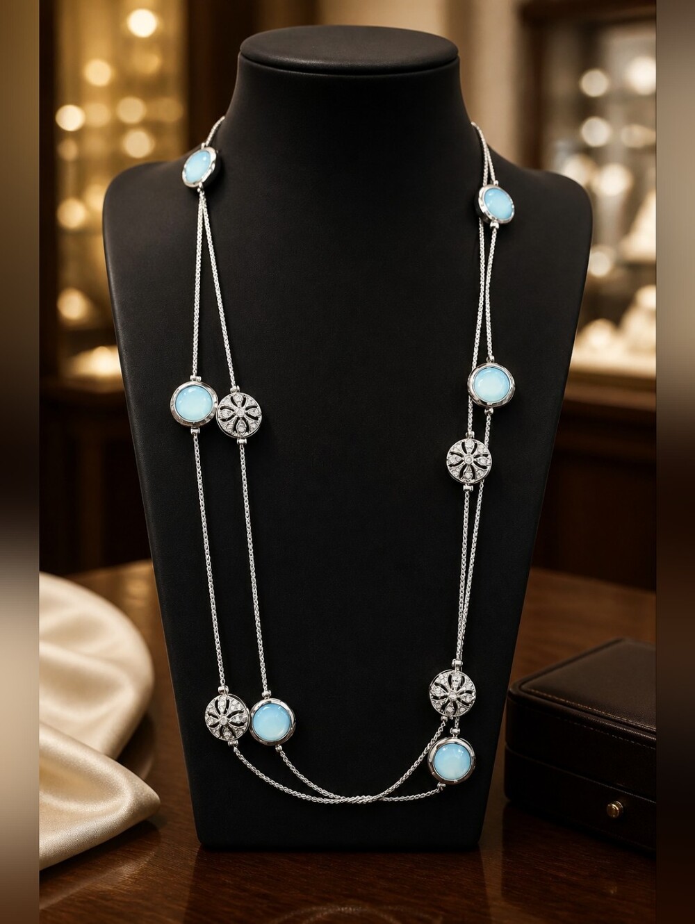 Necklace Pale Blue And Crystal  Silver Vintage